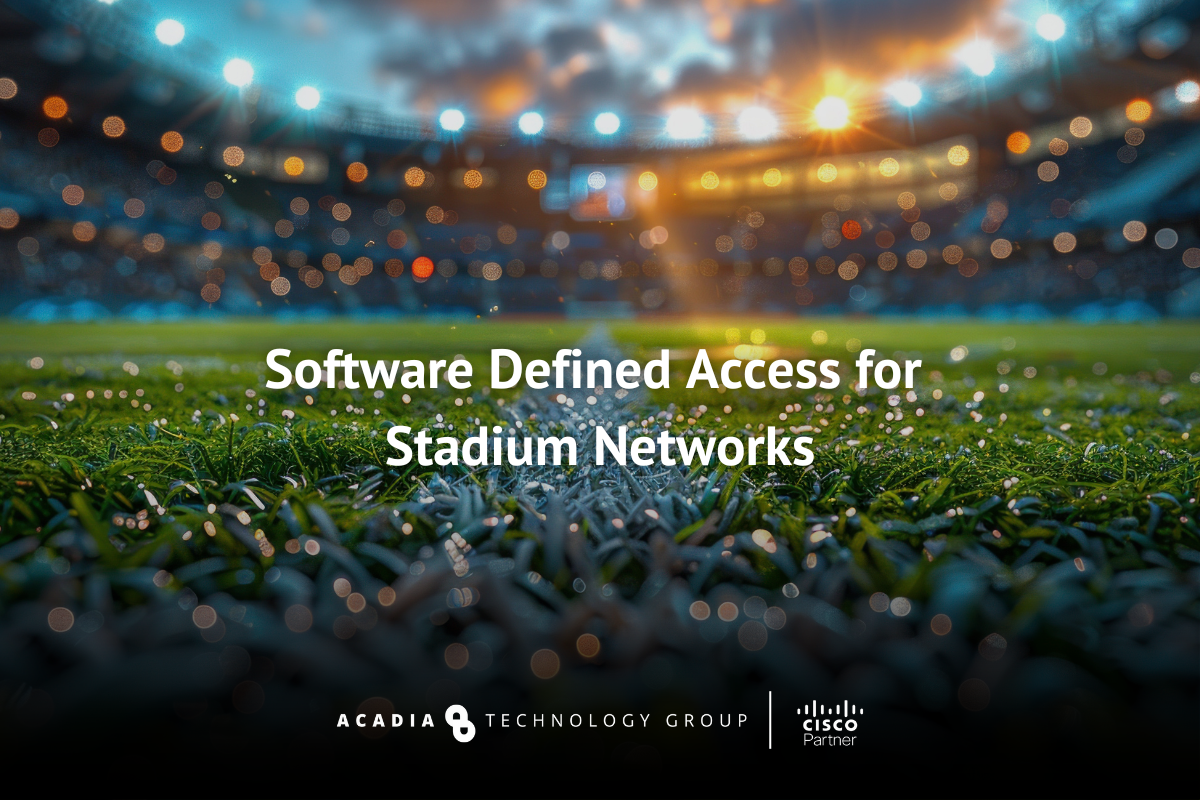 Acadia Technology Group – Blog 3 Packed stadium awaits an evening game on lush green field. 3D sports venue backdrop with fervent crowd.